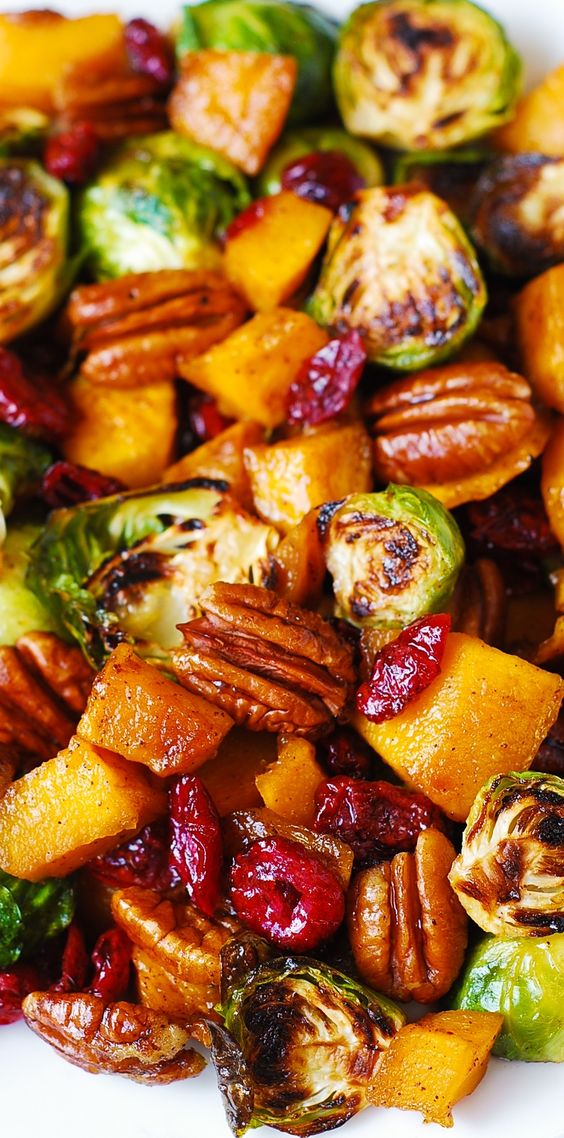 Butternut Squash Salad with Roasted Brussels sprouts, Pecans, and Cranberries