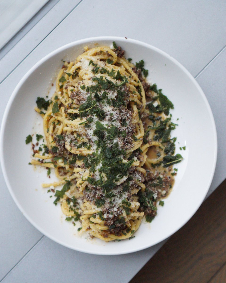 Chitarra pasta, duck ragu, crispy sage, pecorino romano -Nightingale