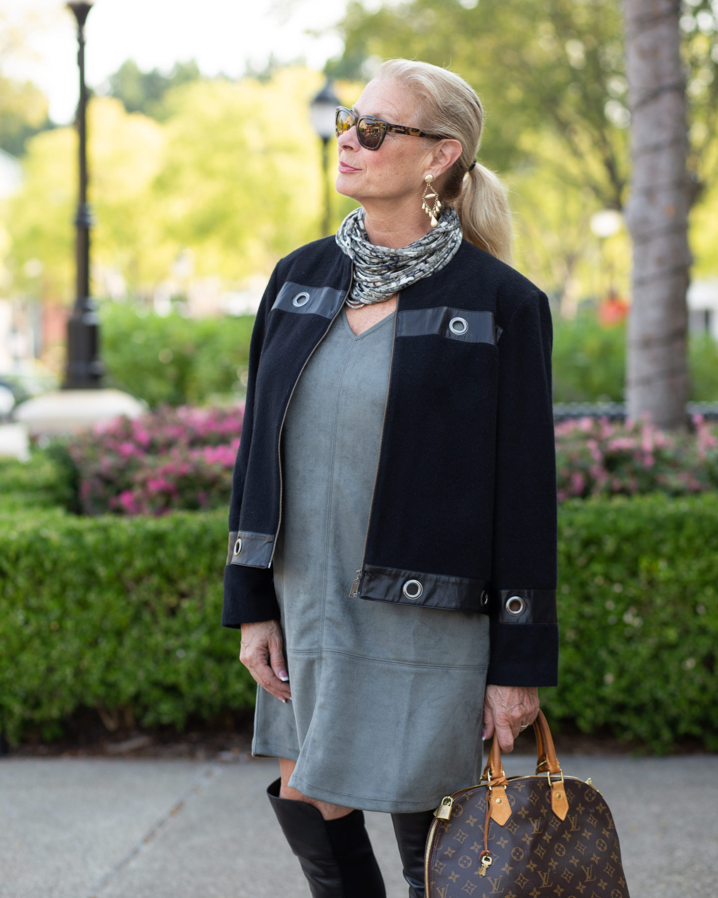 Robin is wearing faux suede jumper from Peach with a black Moto jacket