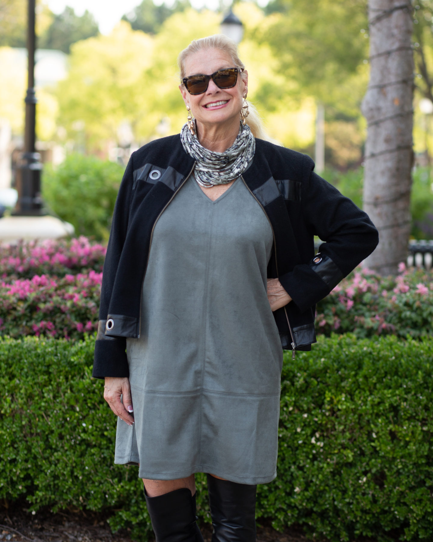 Robin is wearing faux suede jumper from Peach with over the knee boots