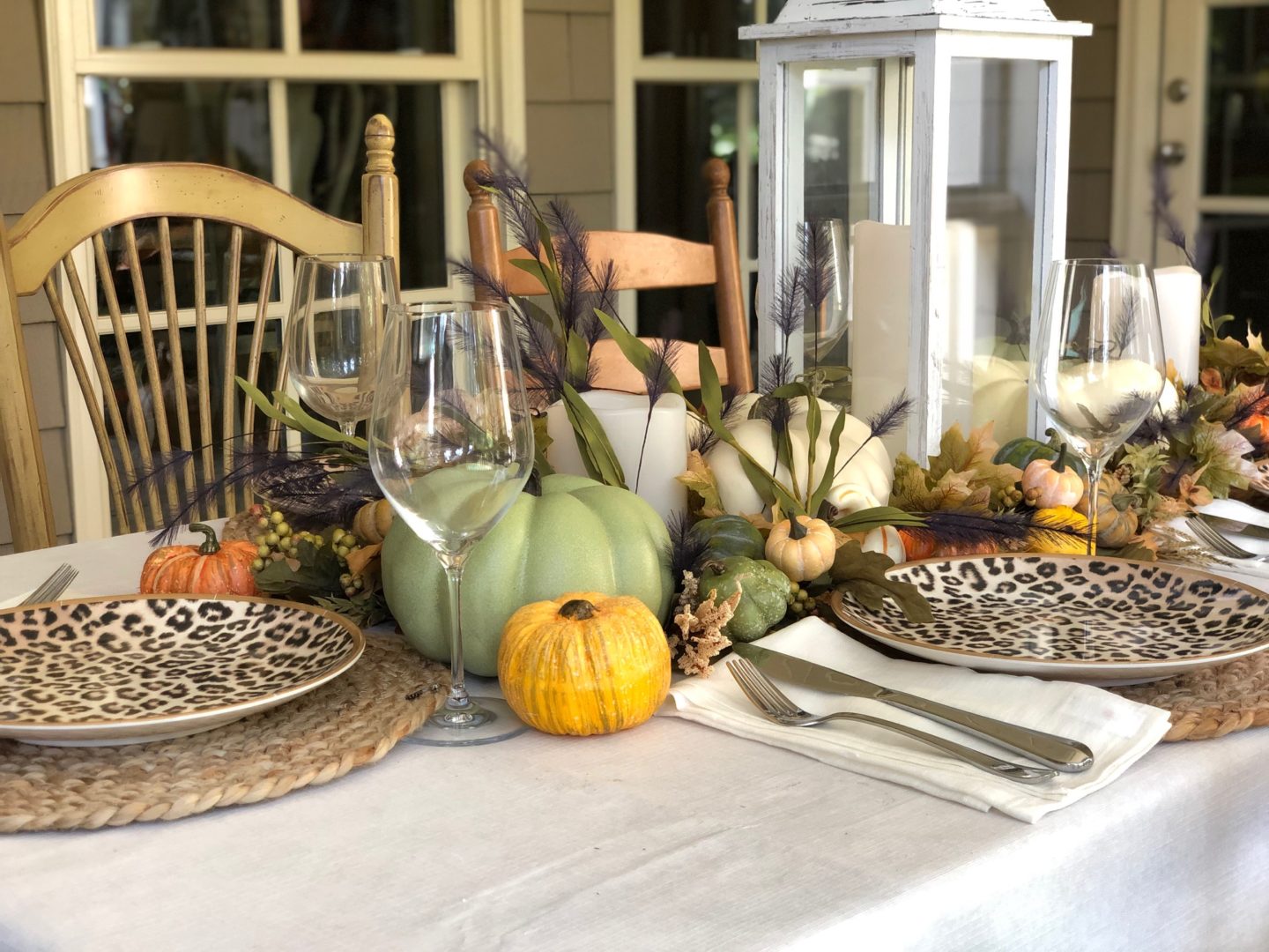 Leopard print dinnerware is perfect for a fall table