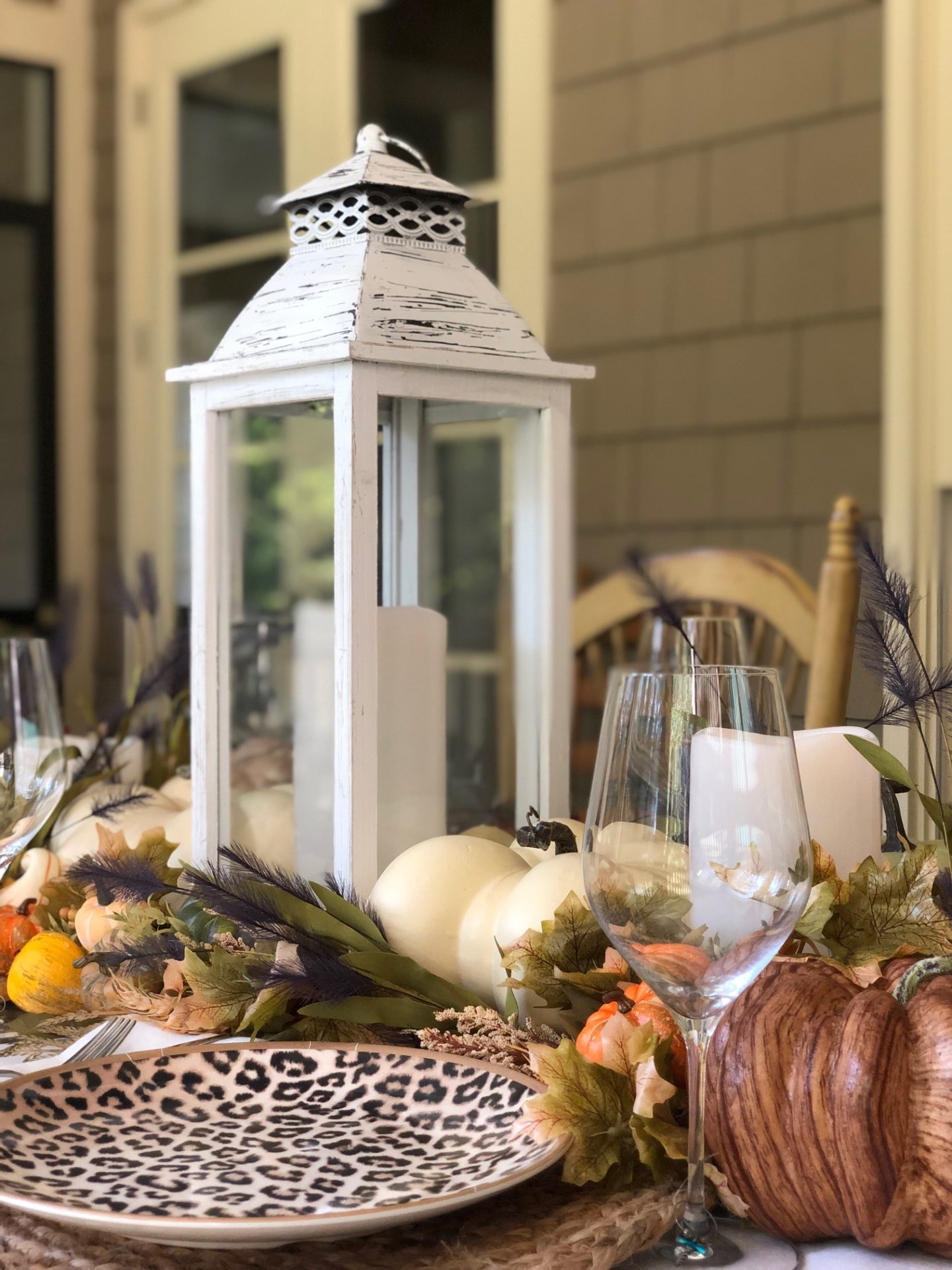 Leopard print dinnerware is perfect for a fall table