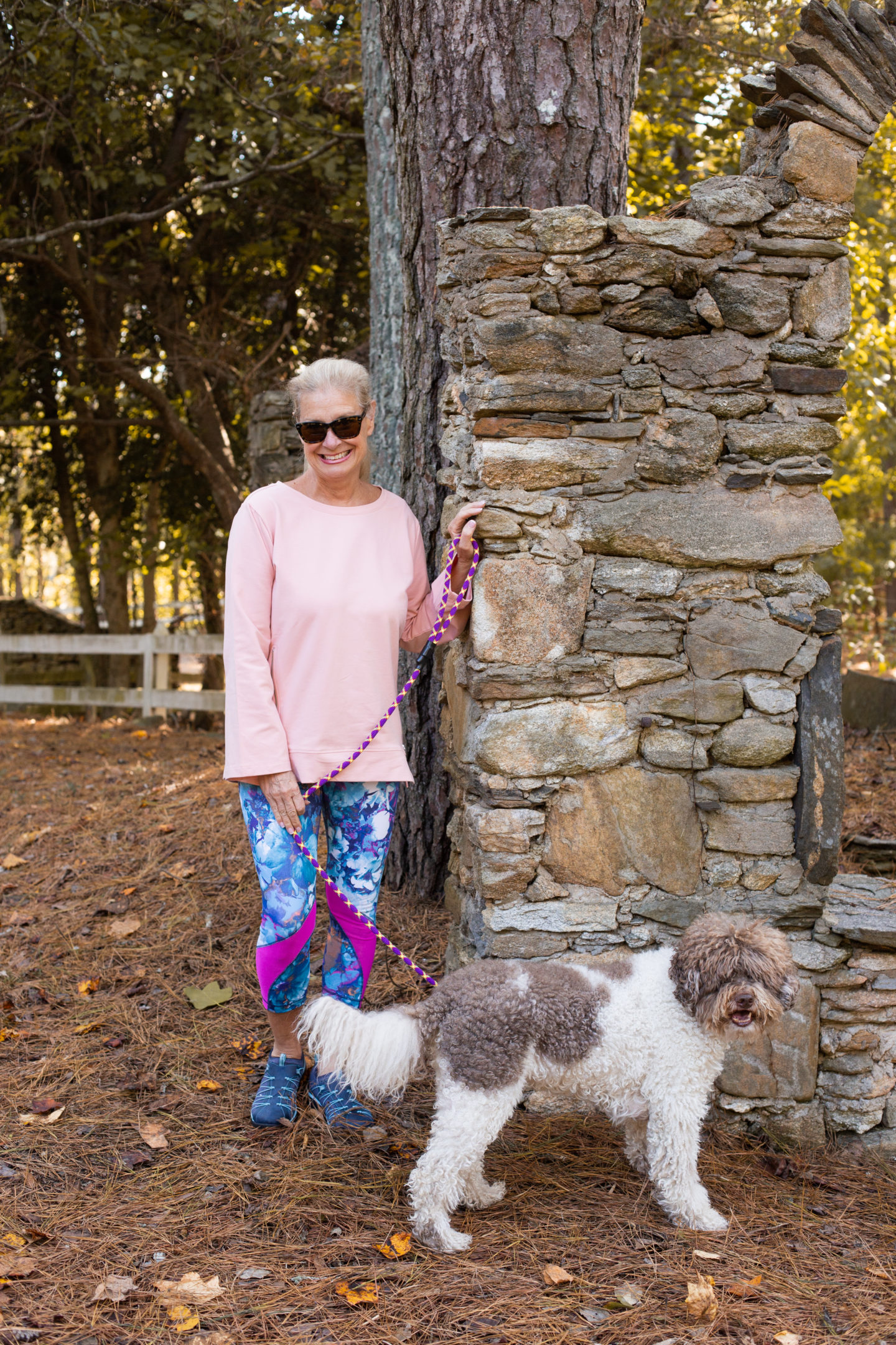 Robin and Bruno taking a long walk to stay fit and keep her heart and bones healthy.