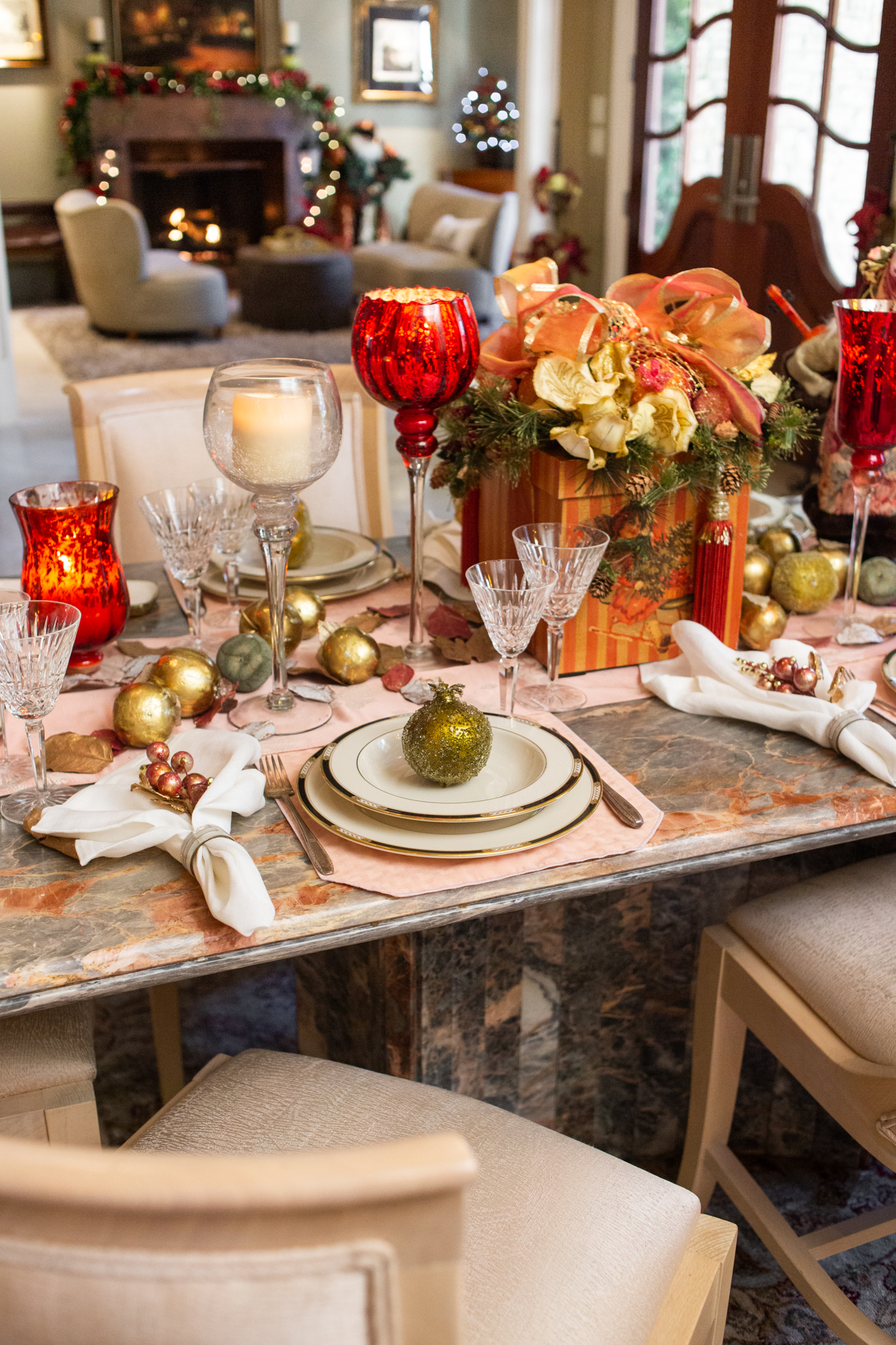 Formal dining room table decorated for Christmas