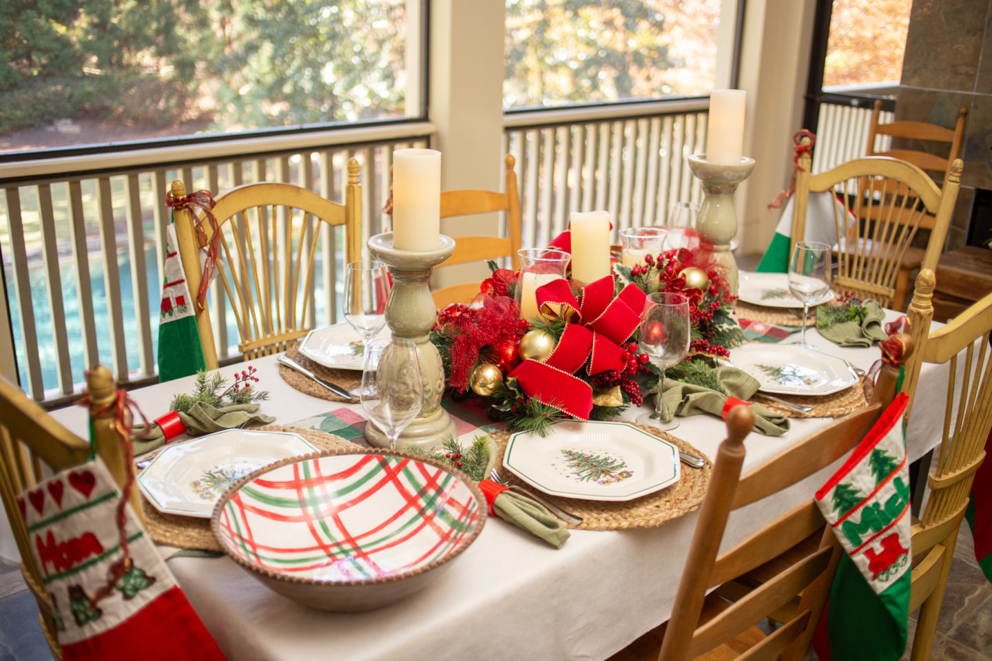 My porch holiday table features Mud Pie Vintage tartan plaid bowl