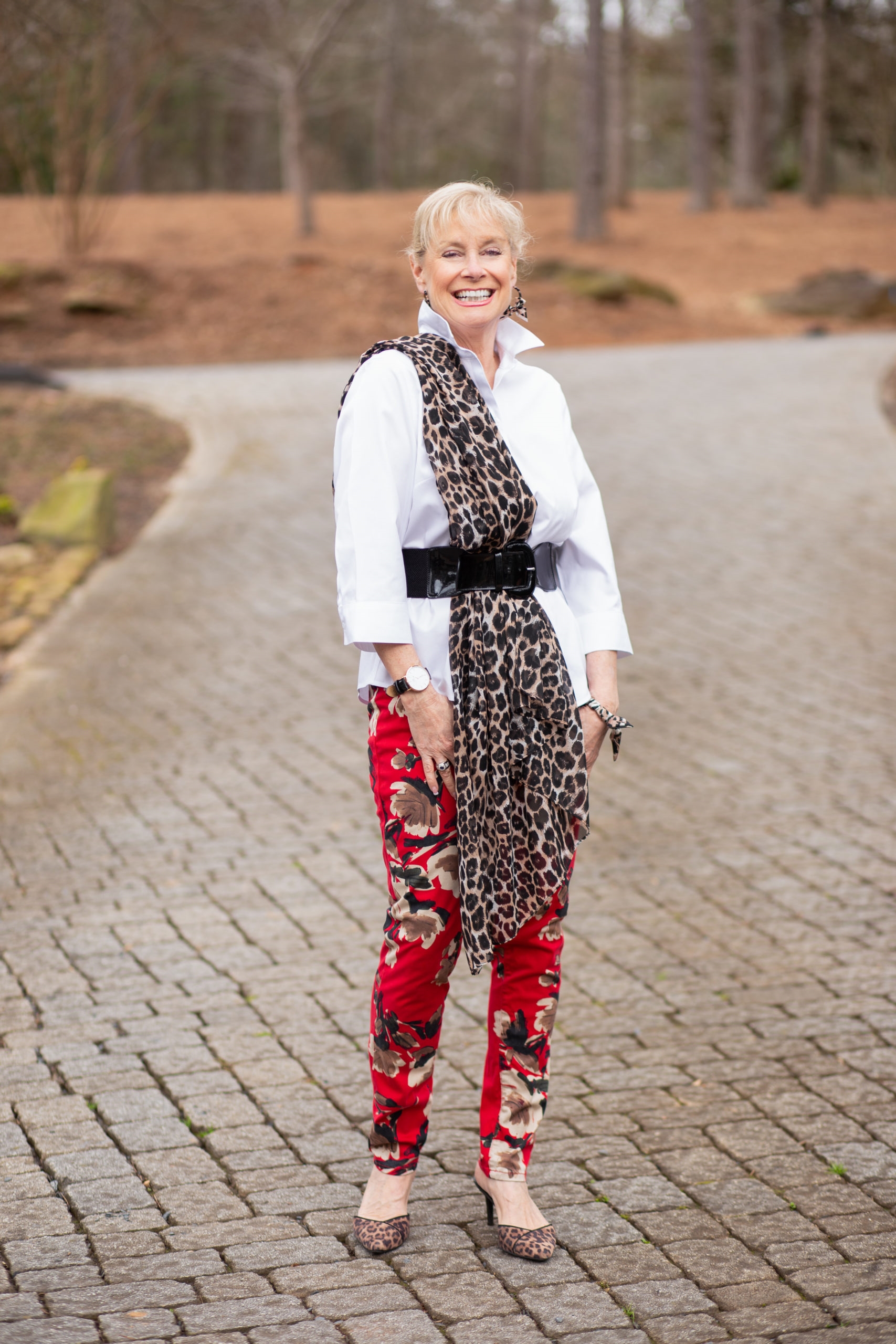 Robin wearing leopard print and red floral