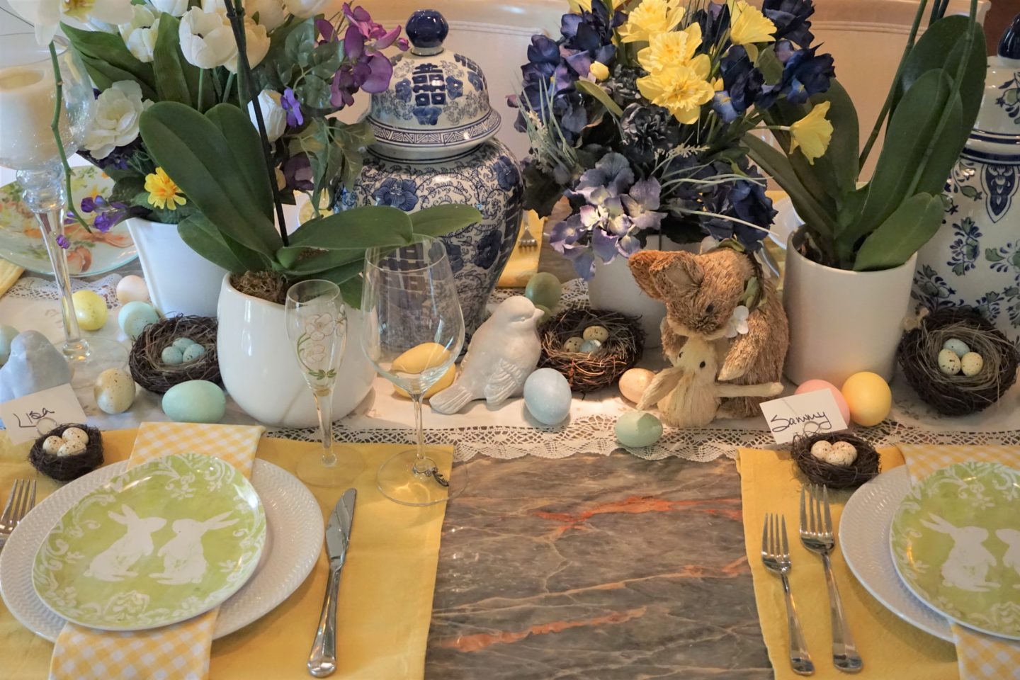 Easter table set for my virtual Easter dinner. I switched from spring table decor to Easter theme decor by adding Easter eggs and bunny plates.