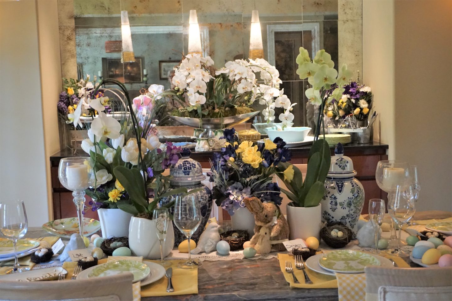 Easter table set for my virtual Easter dinner. I switched from spring table decor to Easter theme decor.