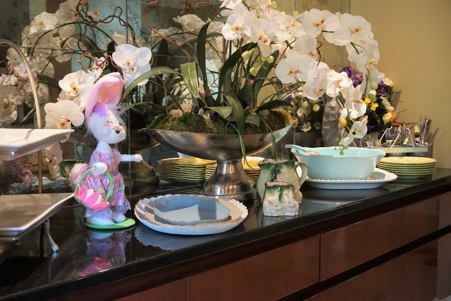 Empty platters and plates displayed for my virtual Easter dinner