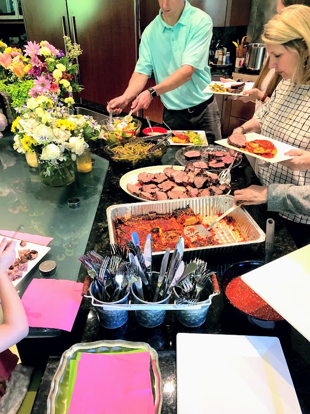 Easter dinner in 2019. Manicotti, filet mignon, green beans, and a sald are the main course.