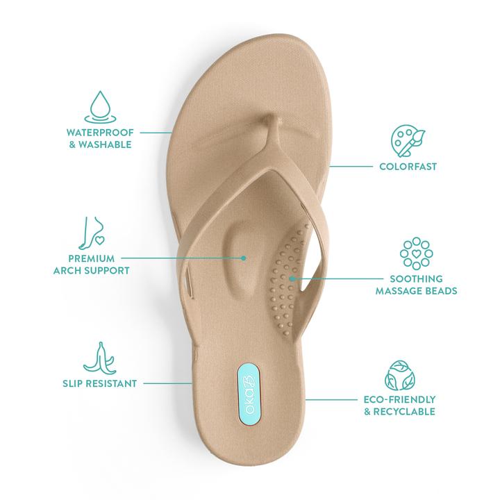 Oka b flip flops are created based on the belief that good health starts from the foot up.