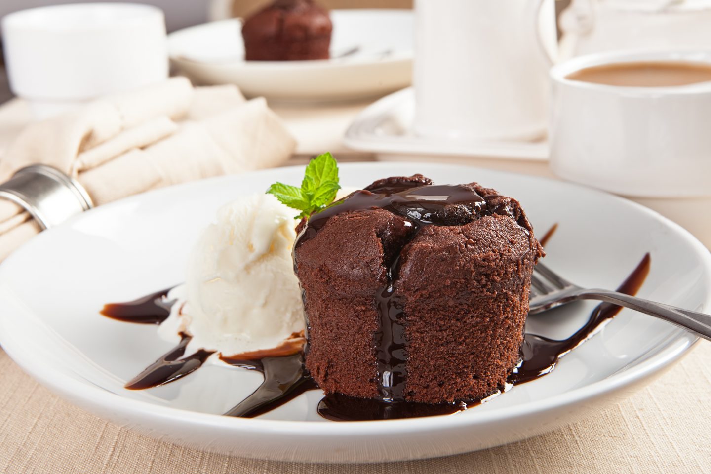 Delicious molten chocolate lava cake with vanilla ice cream.