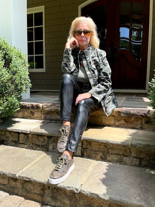 Wearing camo print jacket from Peach and snake print sneakers from Sole Bliss for black and olive green fashion