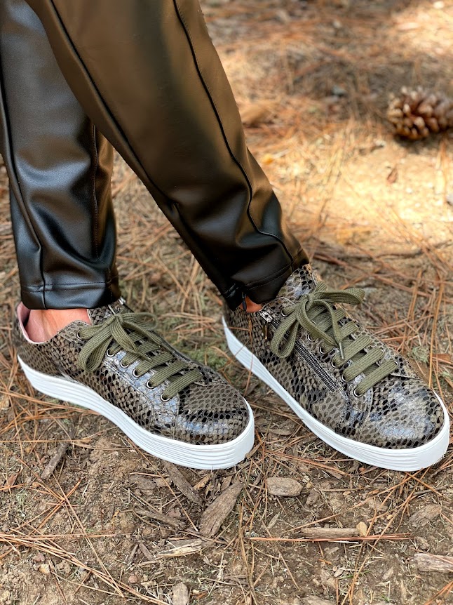 Khaki Snake Print Sneakers from Sole Bliss have side zippers to easy access