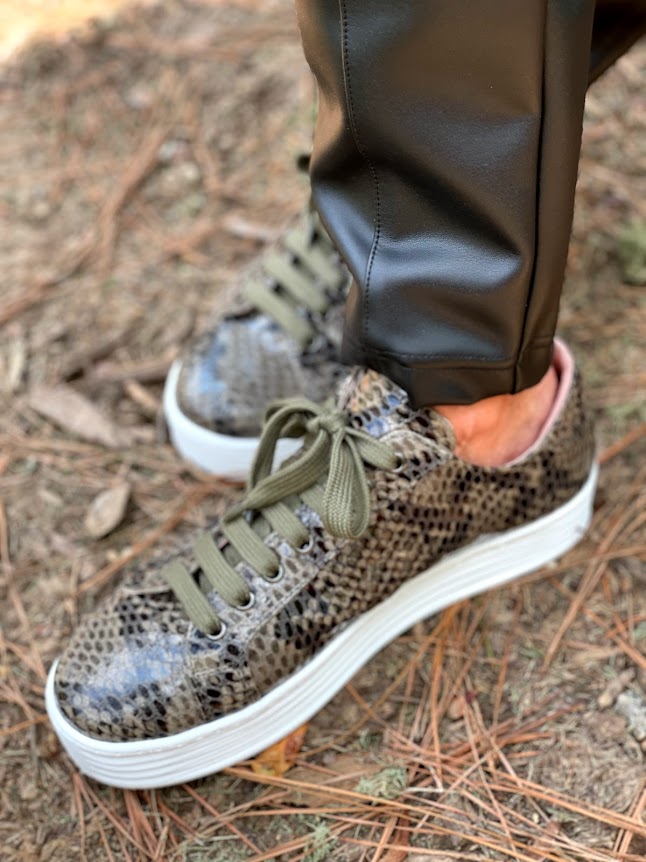 How cute are these Khaki Snake Print Sneakers from Sole Bliss
