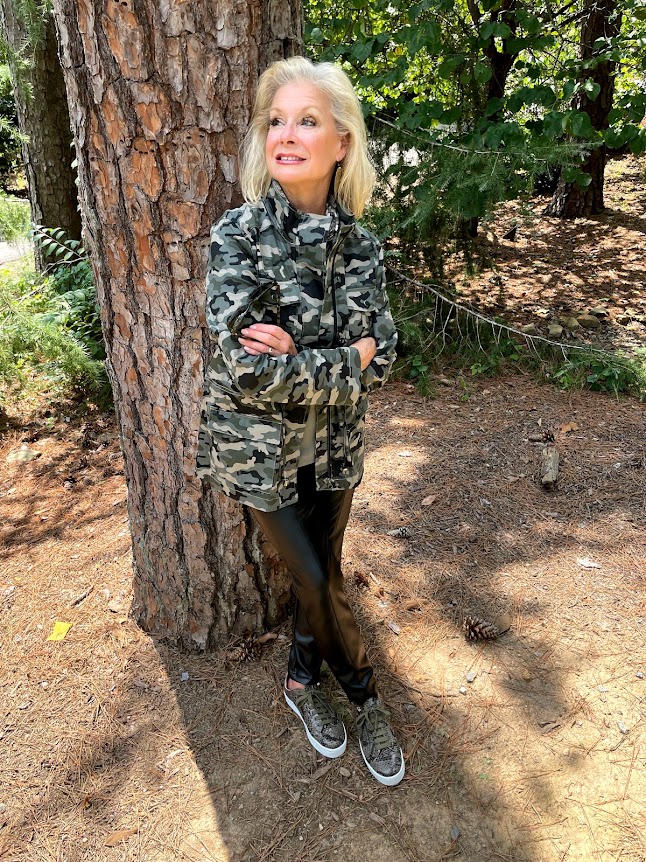 Wearing camo print jacket from Peach