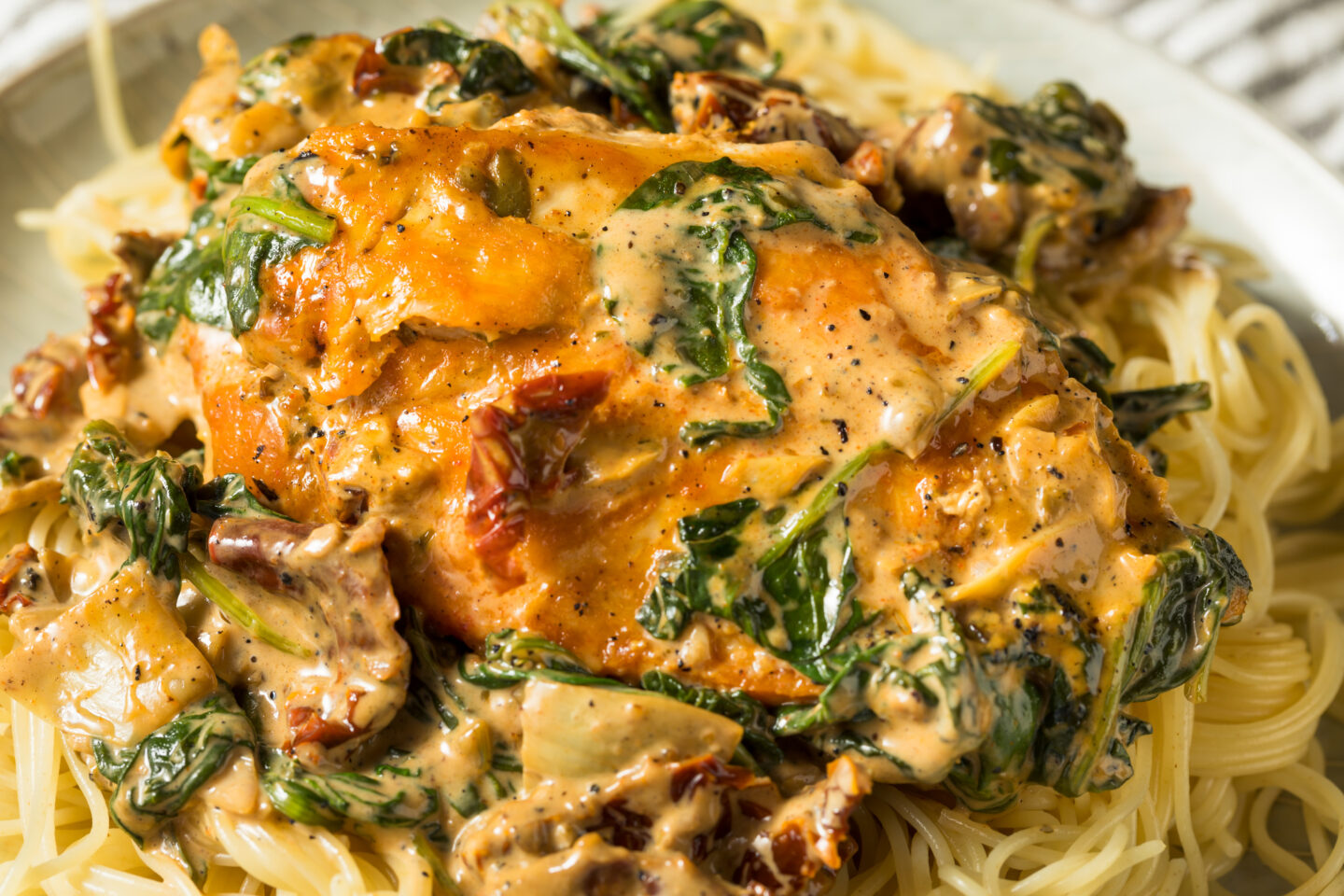 Homemade Creamy Italian Tuscan Chicken with Spinach and Pasta
