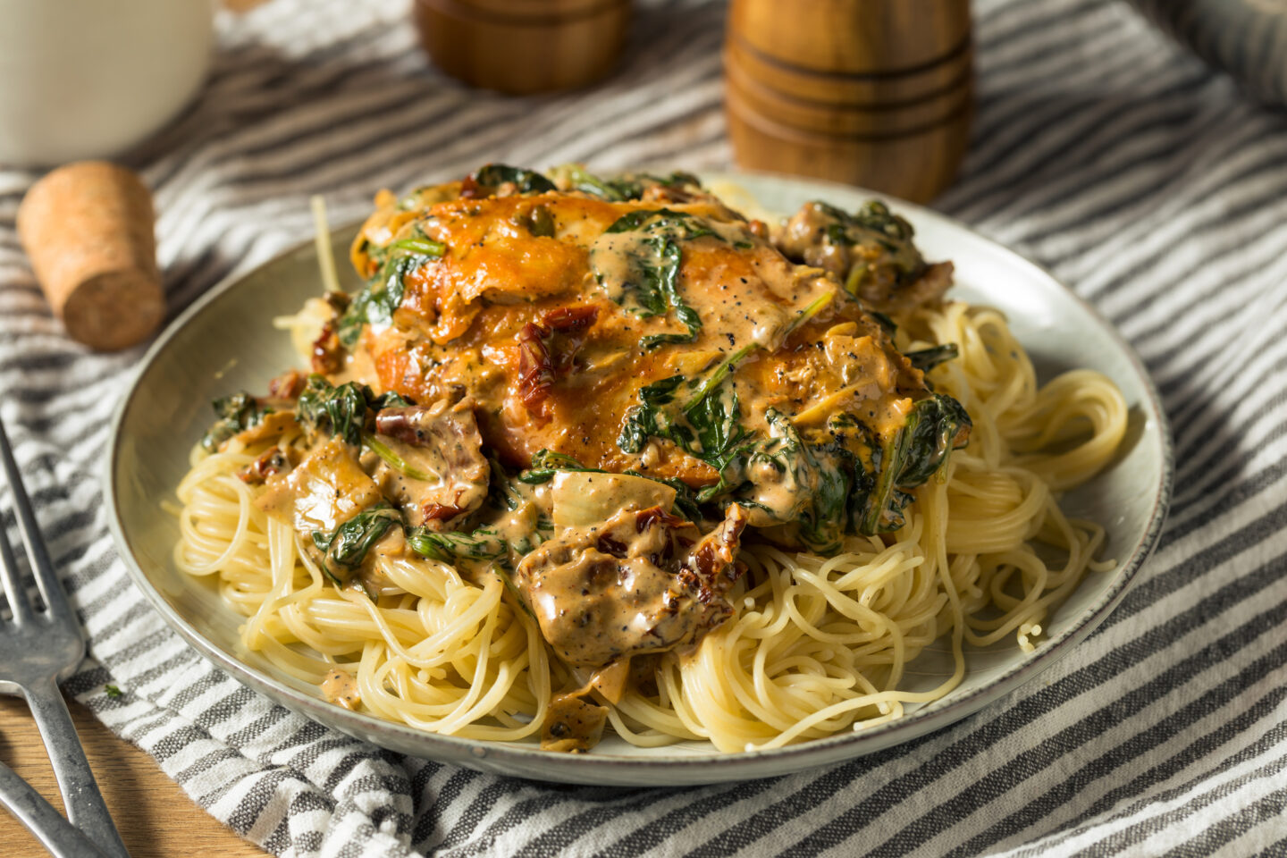 Homemade Creamy Italian Tuscan Chicken with Spinach and Pasta