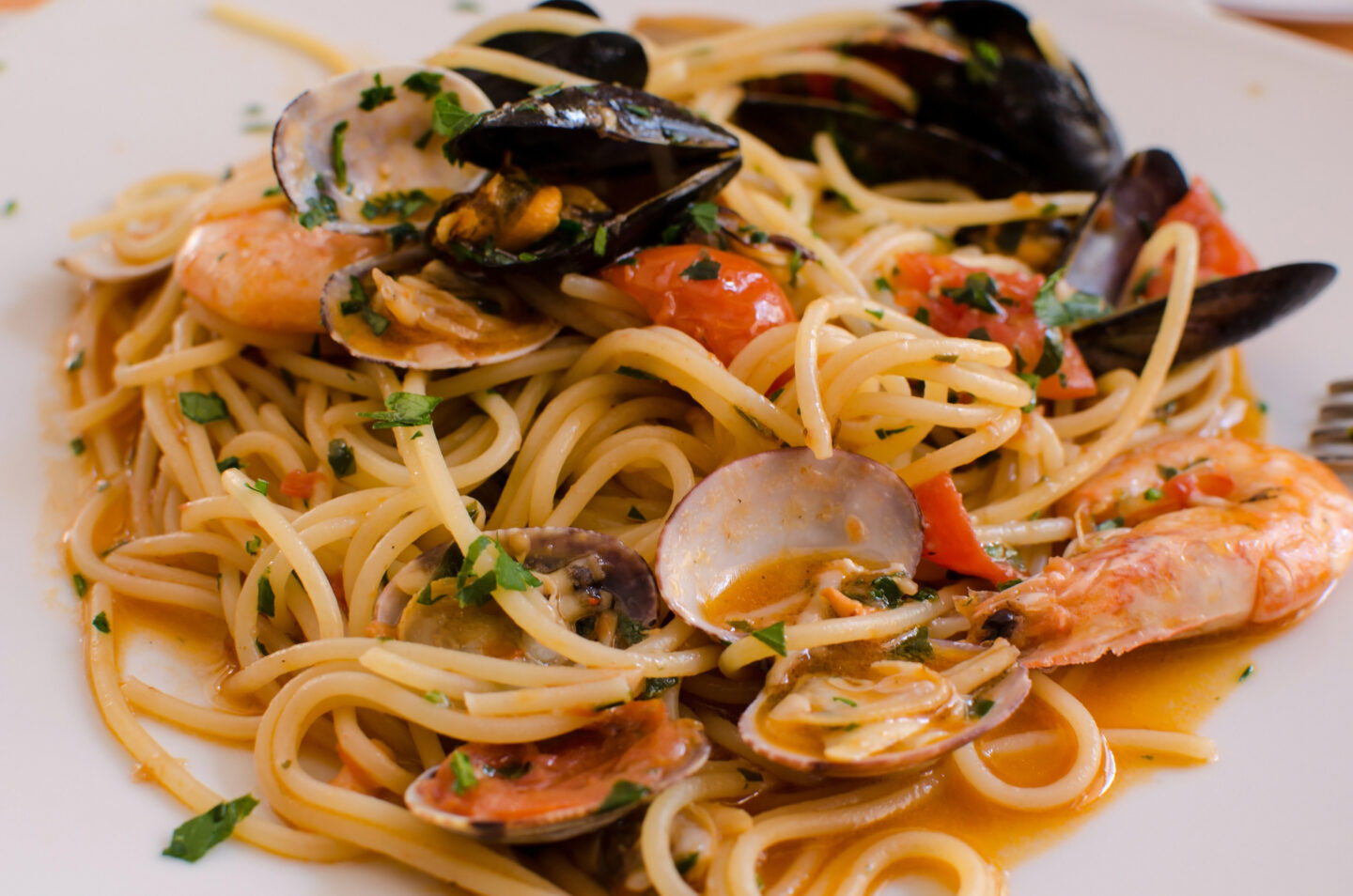 The dish of spaghetti con frutti di mare - spaghetti with seafood