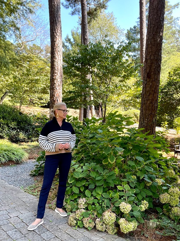 Wearing navy striped sweater with navy ponte knit pants
