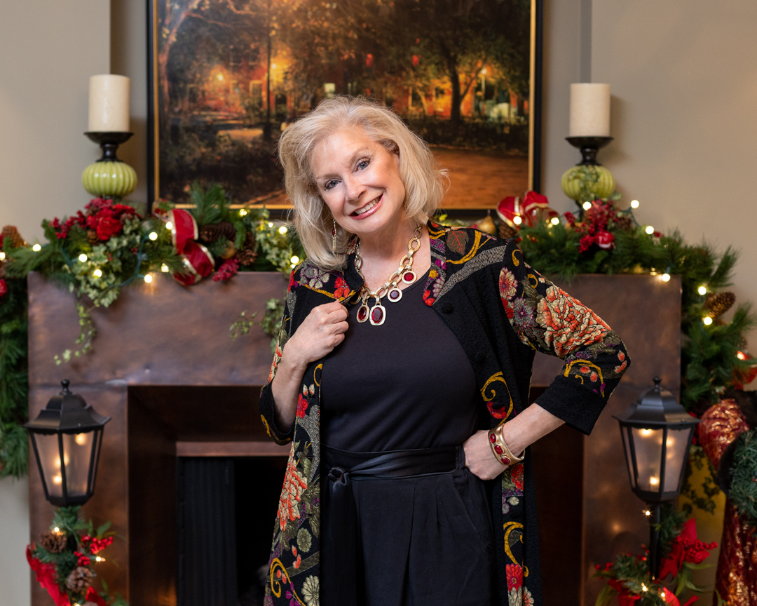 Wearing Draper's & Damon's Mandarin Duster for New Year's Eve with Chico's Jewerly