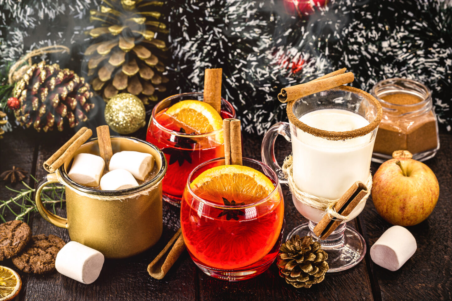 typical Christmas drinks, hot chocolate, sangria made from mulled wine, egg eggnog