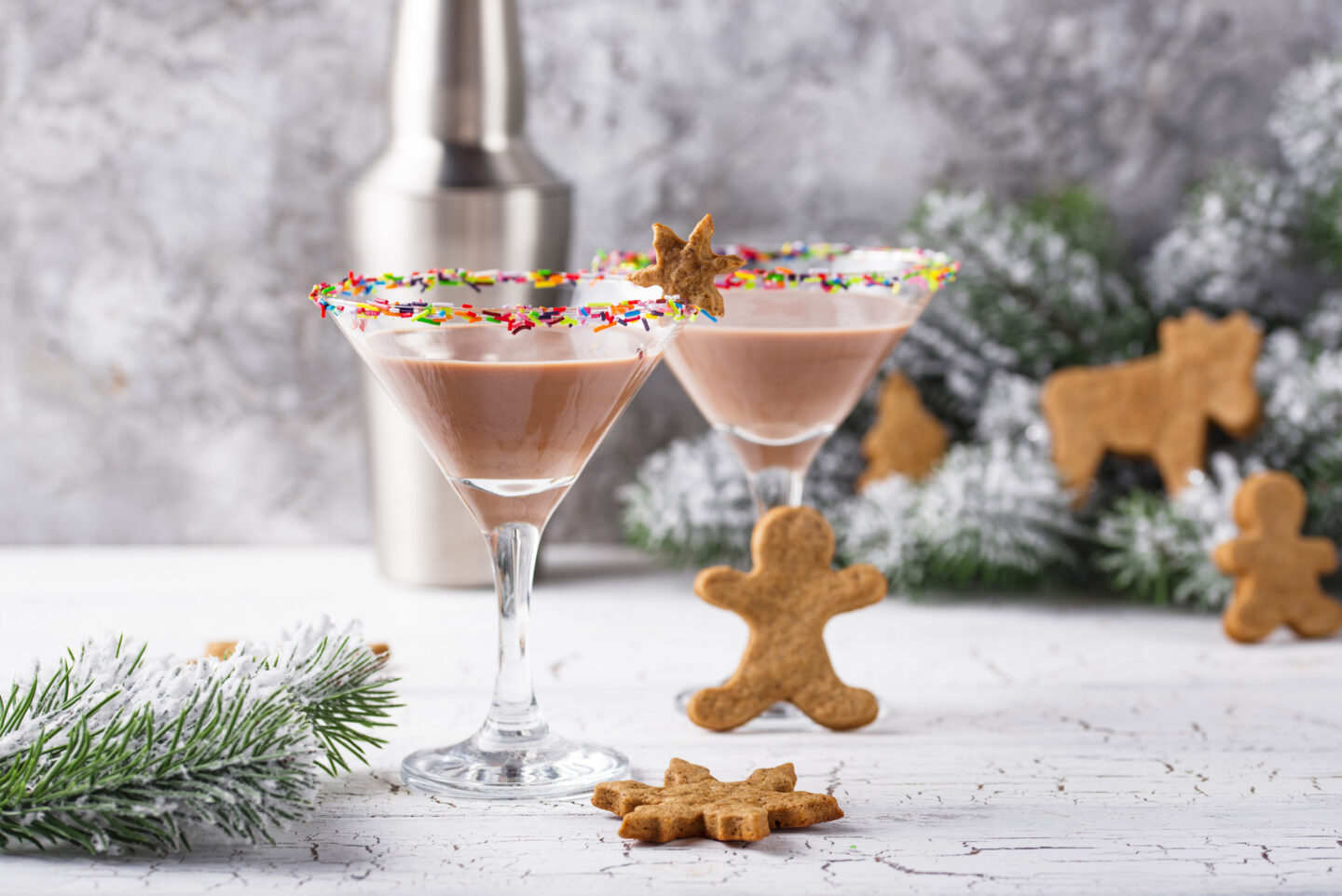 Sugar cookie martini with sprinkles rim. Christmas cocktail