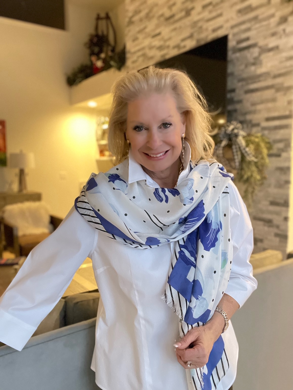 Periwinkle pint scarf is from Talbots