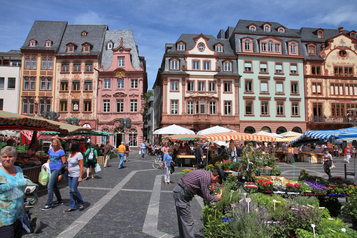 Mainz, Germany - Tourists stroll in Mainz, Germany. According to its Tourism Office, the town has up to 800,000 overnight visitor stays annually.