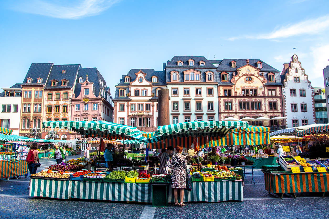 Mainz, Germany, people who roam the typical market in the old town of Mainz, Germany