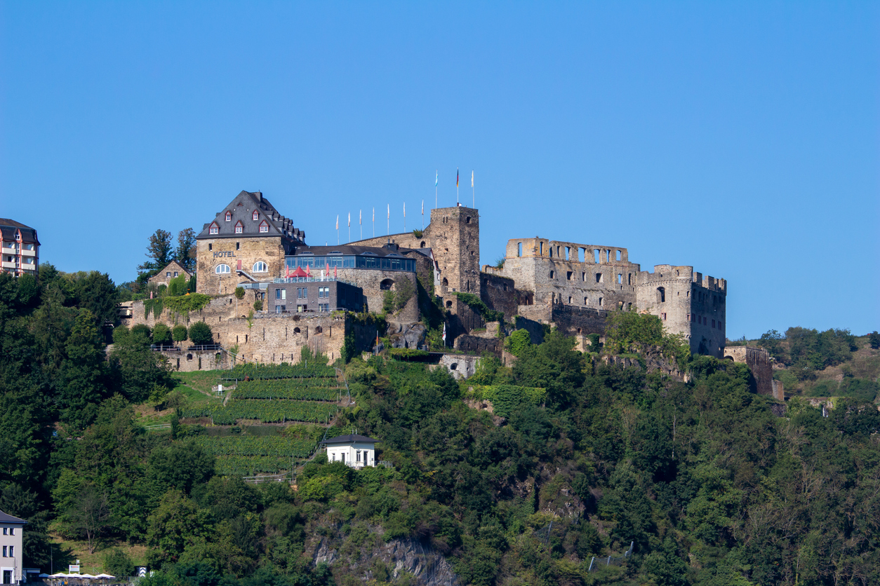Sankt Goar, Germany - September 3, 2021: Close-up view of Rheinfels Castle (Burg Rheinfels), near the town of Sankt Goar, along the upper middle Rhine River.
