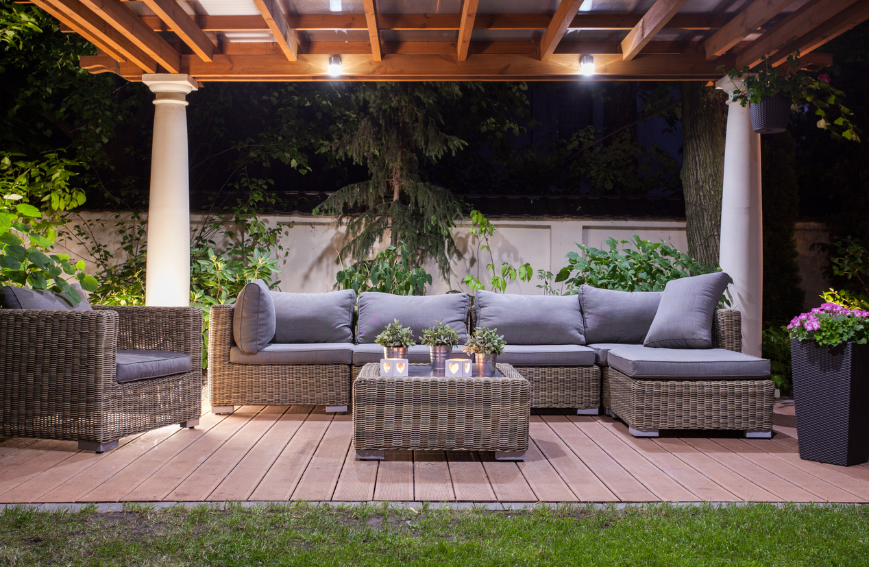 Horizontal view of modern patio at night for outdoor living
