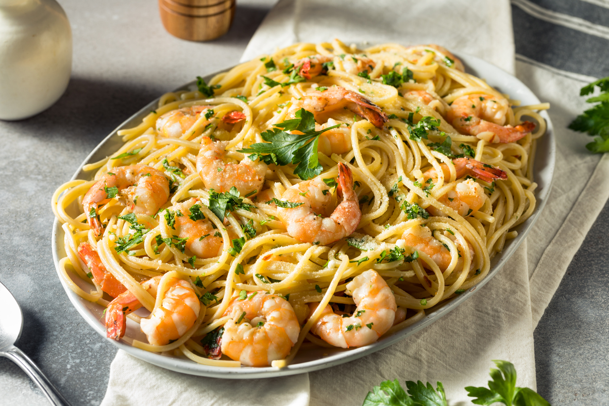 Homemade Cooked Shrimp Scampi with Pasta with Parsley