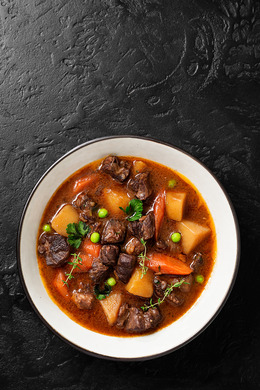 Irish stew made with beef, potatoes, carrots and herbs. Traditional St Patrick's day dish.