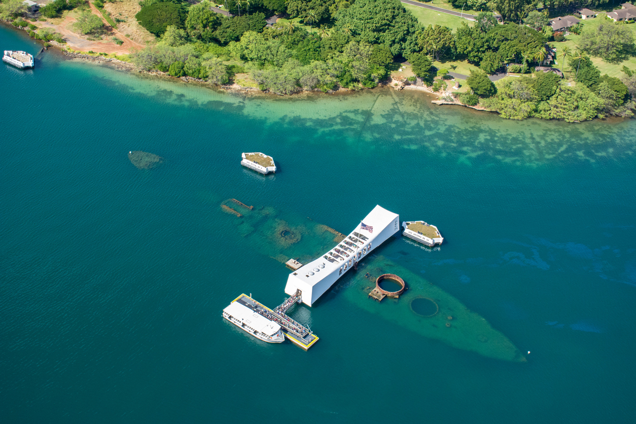 Aerial view of the USS Arizona war memorial at Pearl Harbor in Honolulu on Oahu, Hawaii