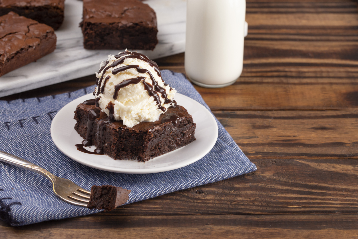 Homemade Bailey's Chocolate Brownies with Vanilla Ice Cream on Top