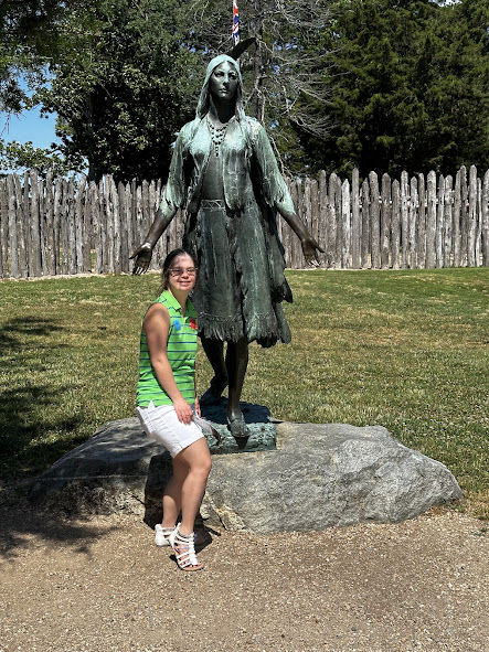 Sammy by the Pocahontas statue in Historic Jamestowne