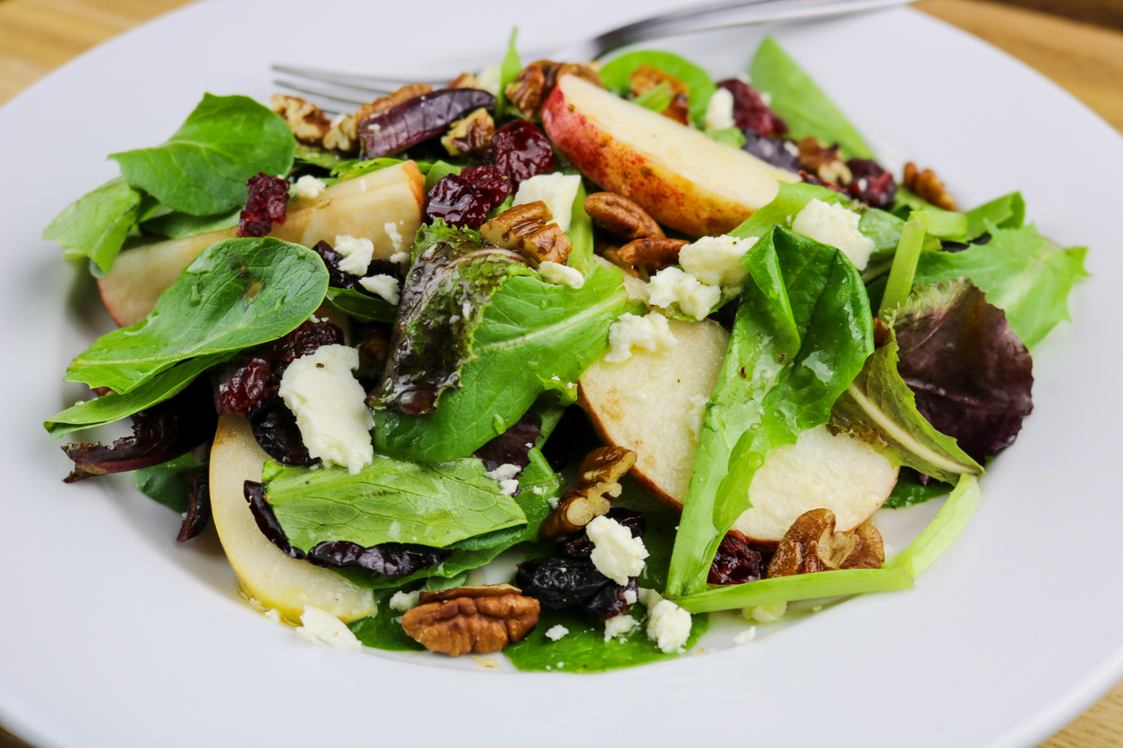 A crisp autumn apple, pecan, feta salad with a cider vinaigrette