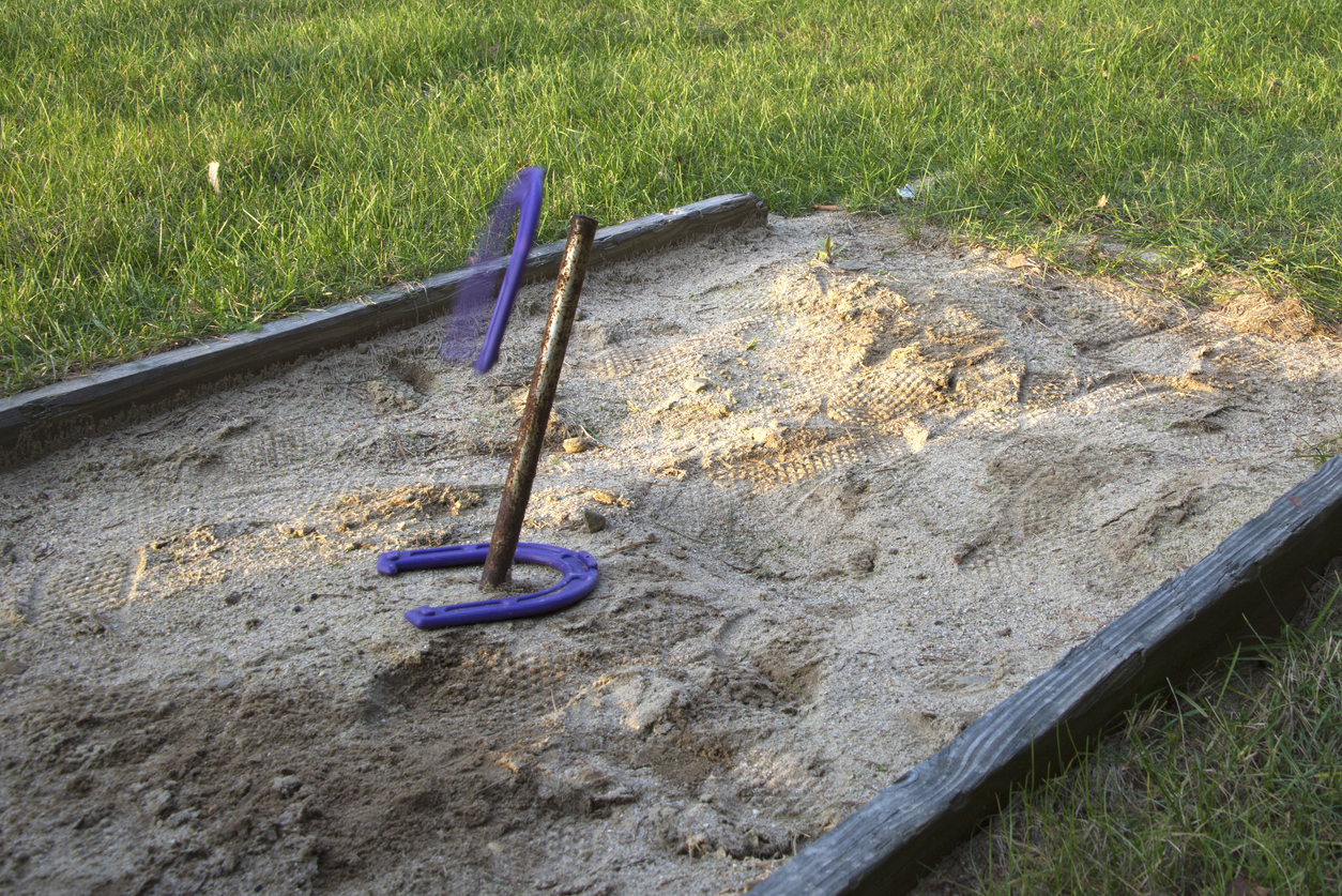 one purple horse shoe on the stake and another purple horseshoe slightly overthrown. Shoe is still in the air.
